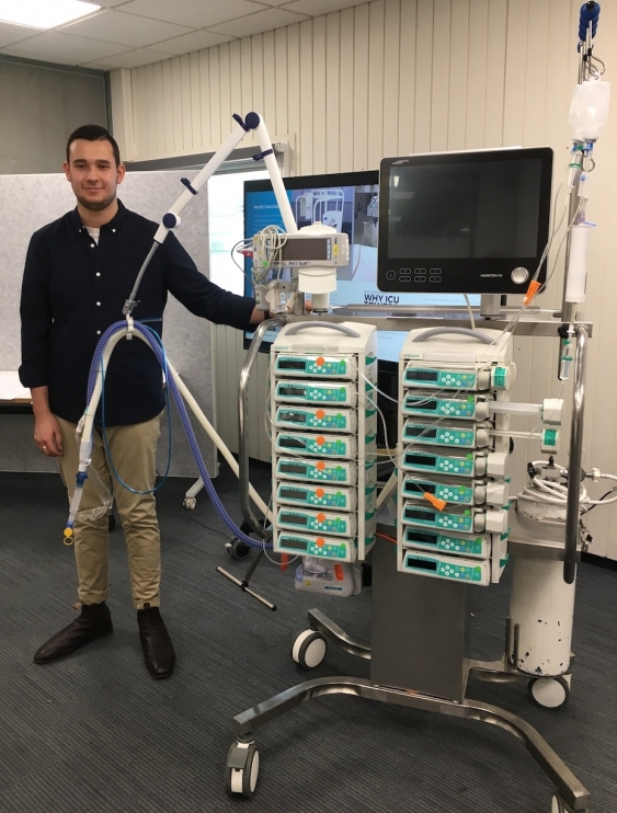 Nicholas Matkovic presenting an ICU tower prototype at the hospital that was built in stainless steel in the DFL